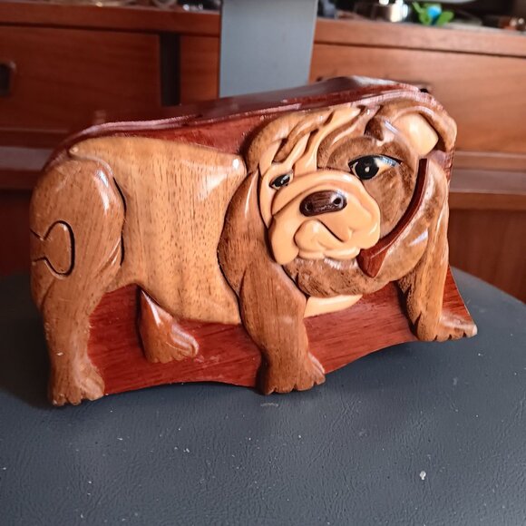 Hand-Carved Wooden Bulldog Puzzle Trinket Jewelry Box Hidden Compartment Hawaii - Picture 2 of 10